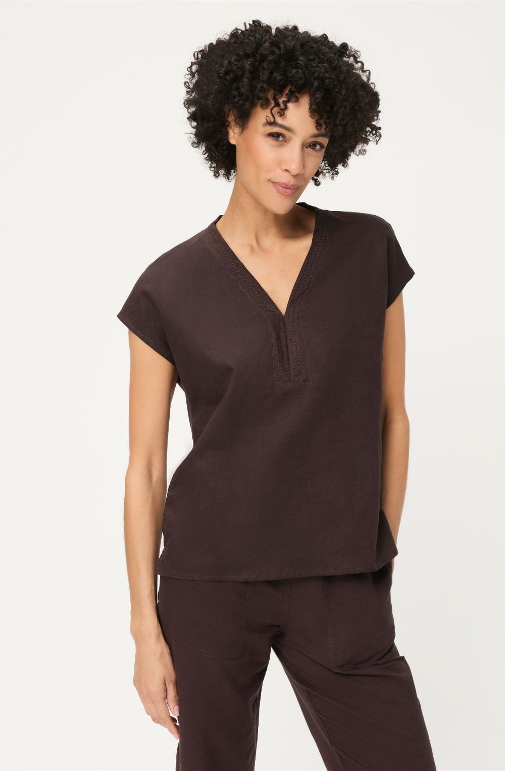 Dark Brown Jersey Back Linen Front Cosima Top