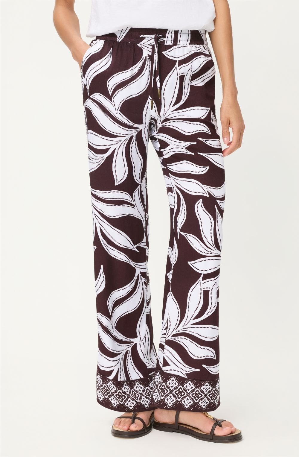 Dark Brown Leaf Print Anna Wide Leg Trousers