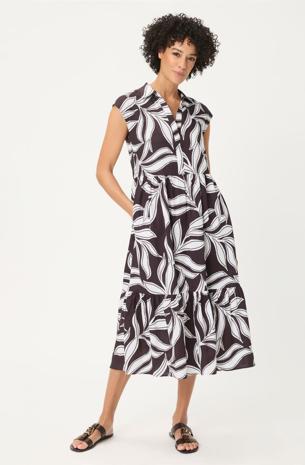 Dark Brown Leaf Print Tiered Skirt Collared Dress