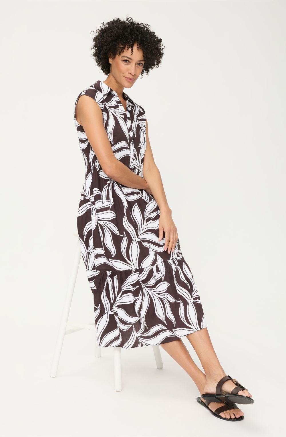 Dark Brown Leaf Print Tiered Skirt Collared Dress