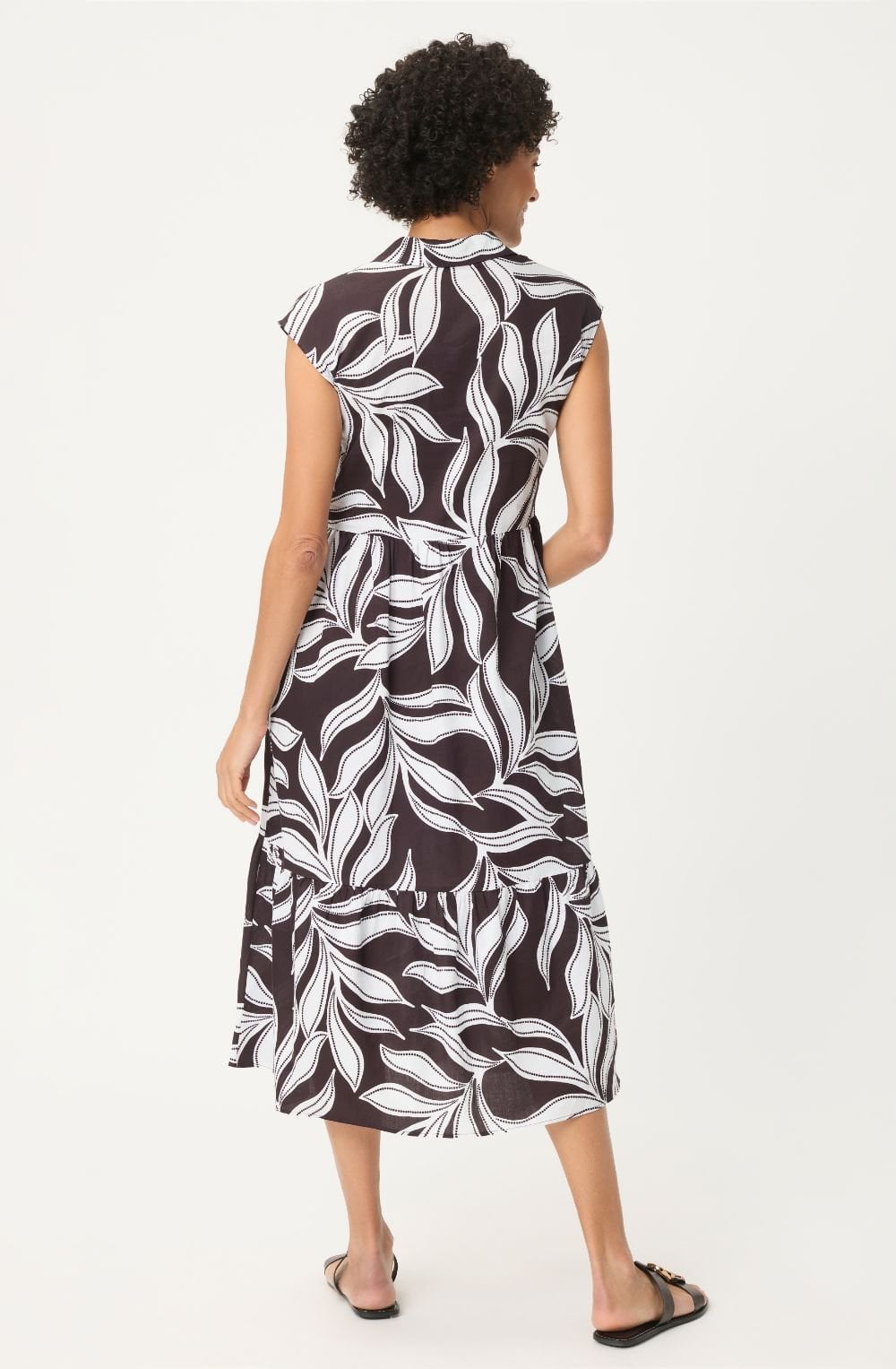 Dark Brown Leaf Print Tiered Skirt Collared Dress