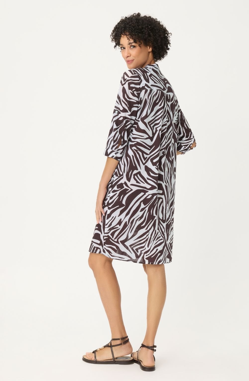 Dark Brown Leaf Print Tunic Cotton Dress