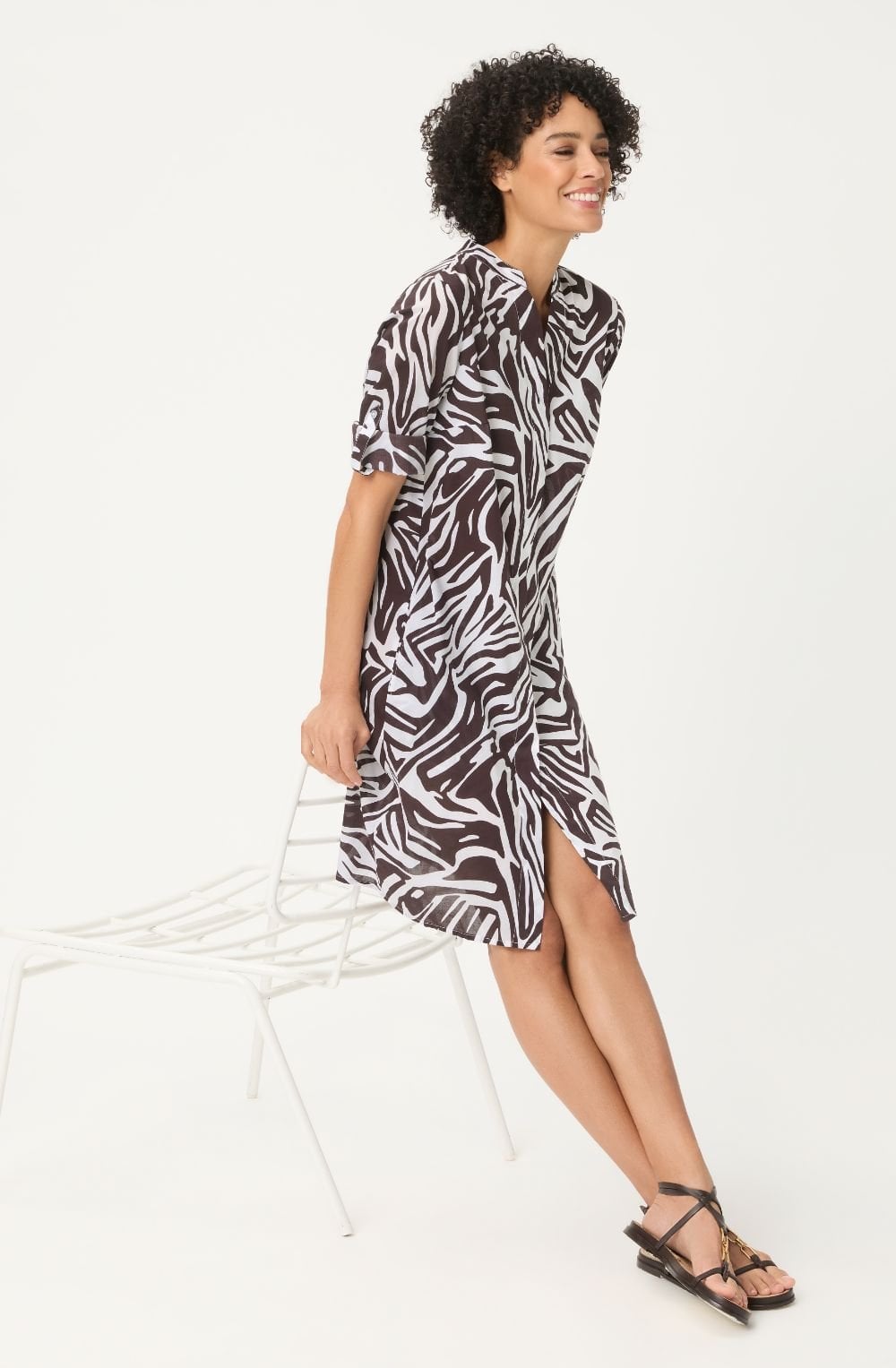 Dark Brown Leaf Print Tunic Cotton Dress