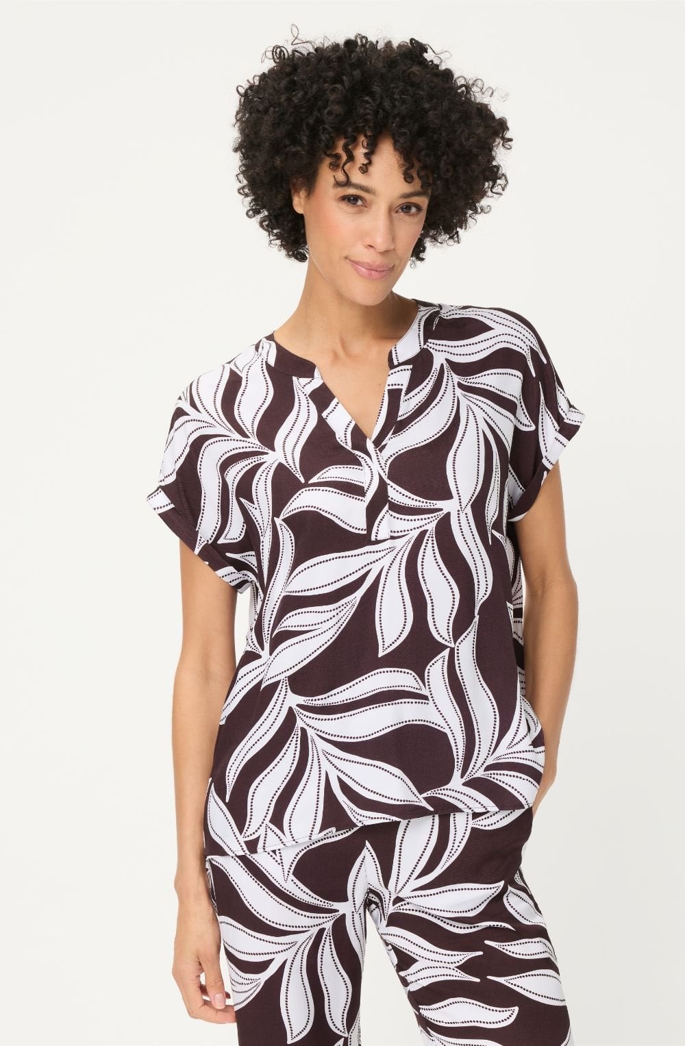 Dark Brown Leaf Print Tunic Neck Blouse