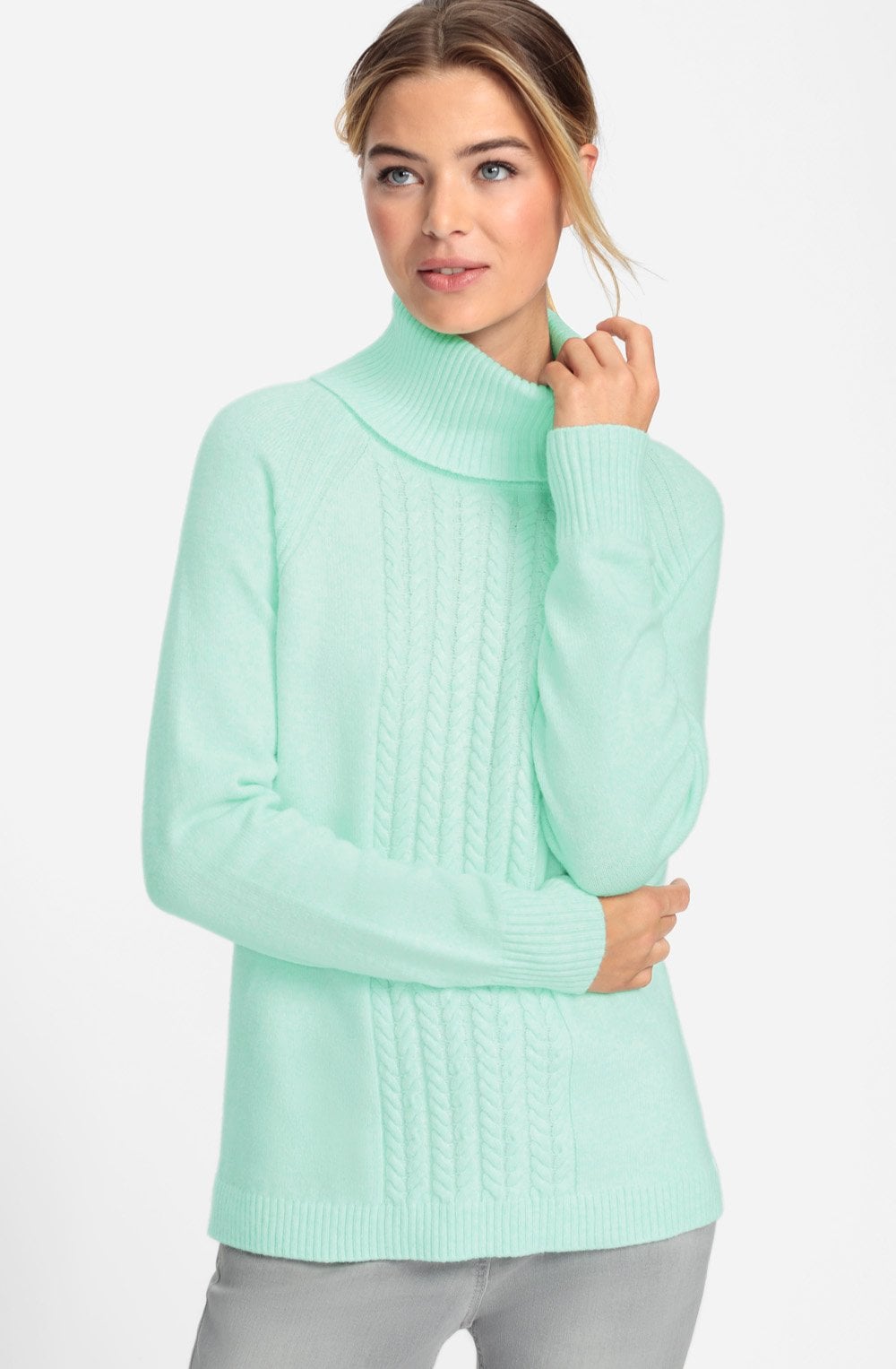 Icy Mint Cable Knit Roll Neck Henny Jumper