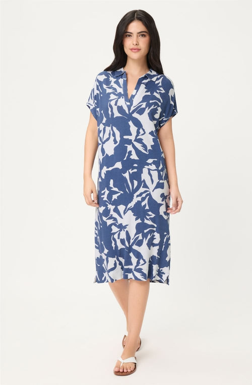 Indigo Floral Jersey Collared Dress