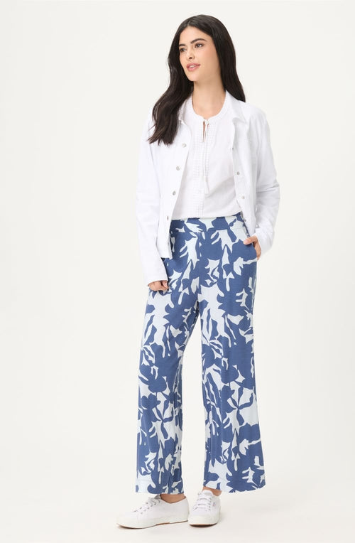 Indigo Floral Jersey Wide Cropped Anna Trousers