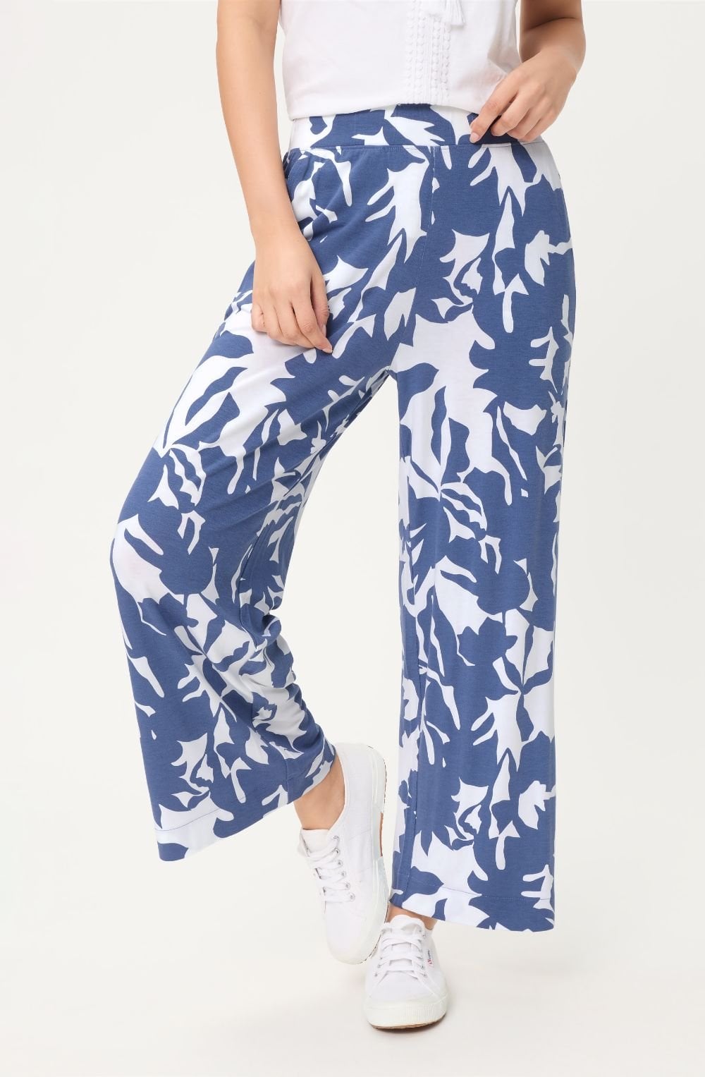 Indigo Floral Jersey Wide Cropped Anna Trousers