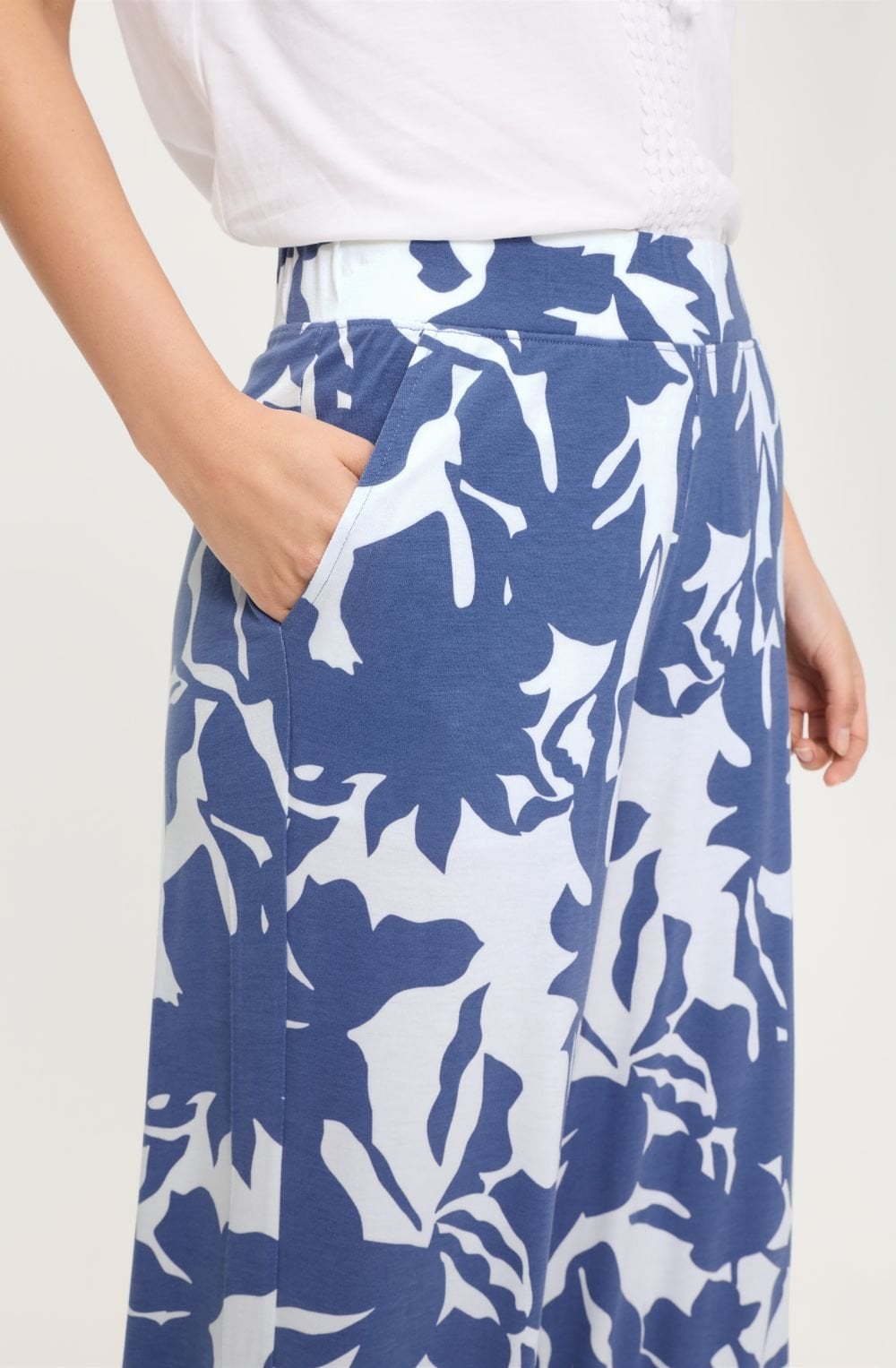 Indigo Floral Jersey Wide Cropped Anna Trousers