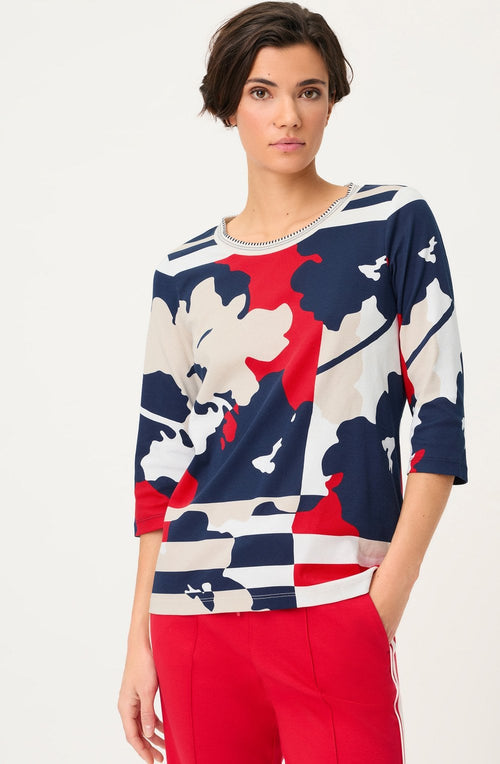Ink Blue and French Red Abstract Print Hannah Top
