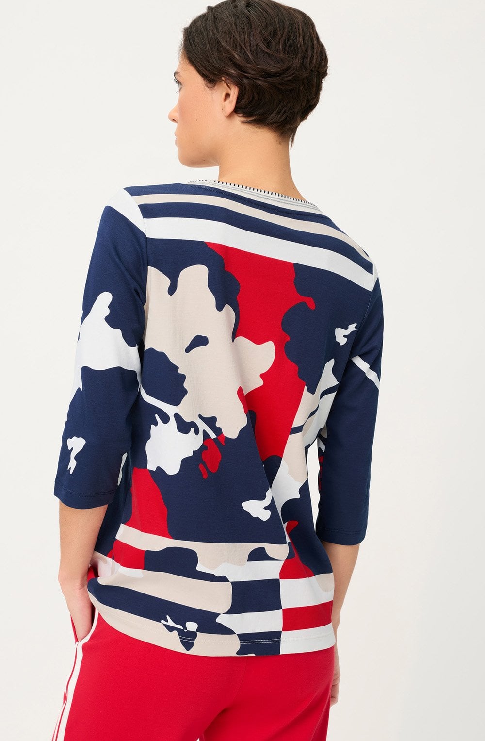 Ink Blue and French Red Abstract Print Hannah Top