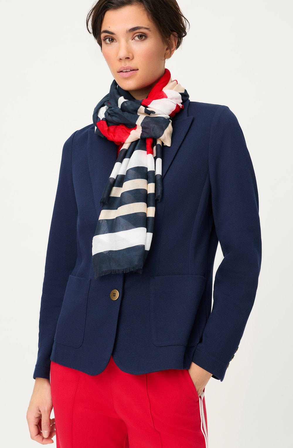 Ink Blue and French Red Lightweight Frayed Edge Scarf