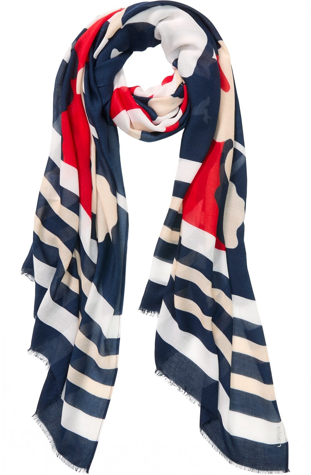 Ink Blue and French Red Lightweight Frayed Edge Scarf