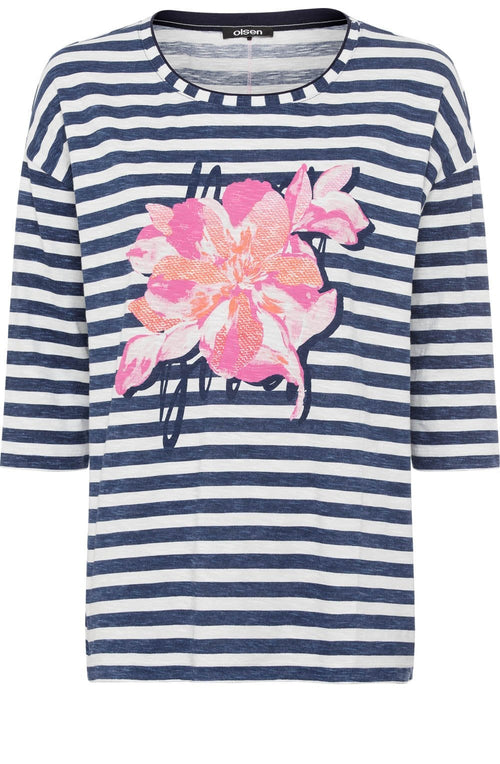 Ink Blue Floral and Stripes Cosima Relaxed Top