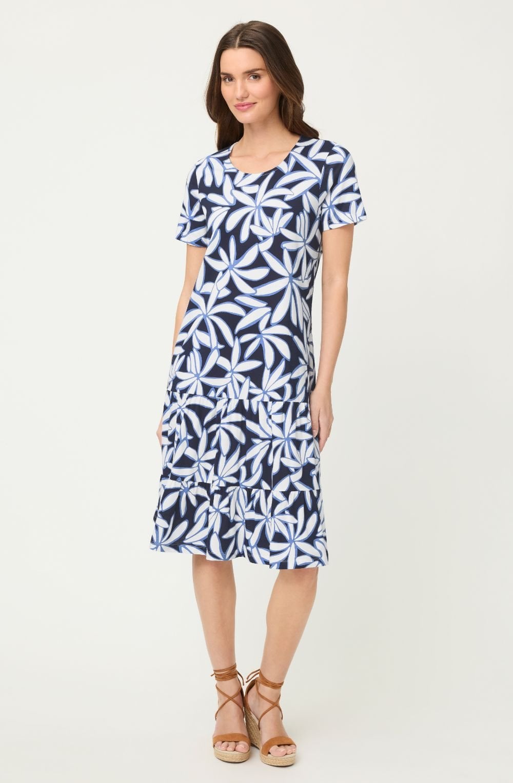 Ink Blue Floral Jersey Knee Length Dress
