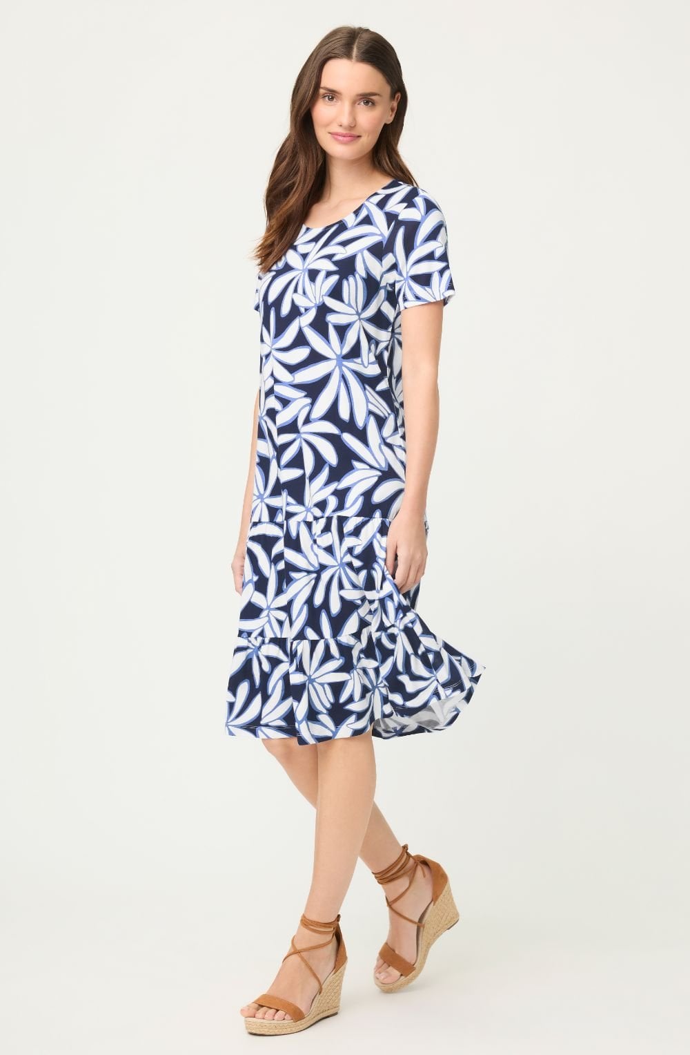 Ink Blue Floral Jersey Knee Length Dress