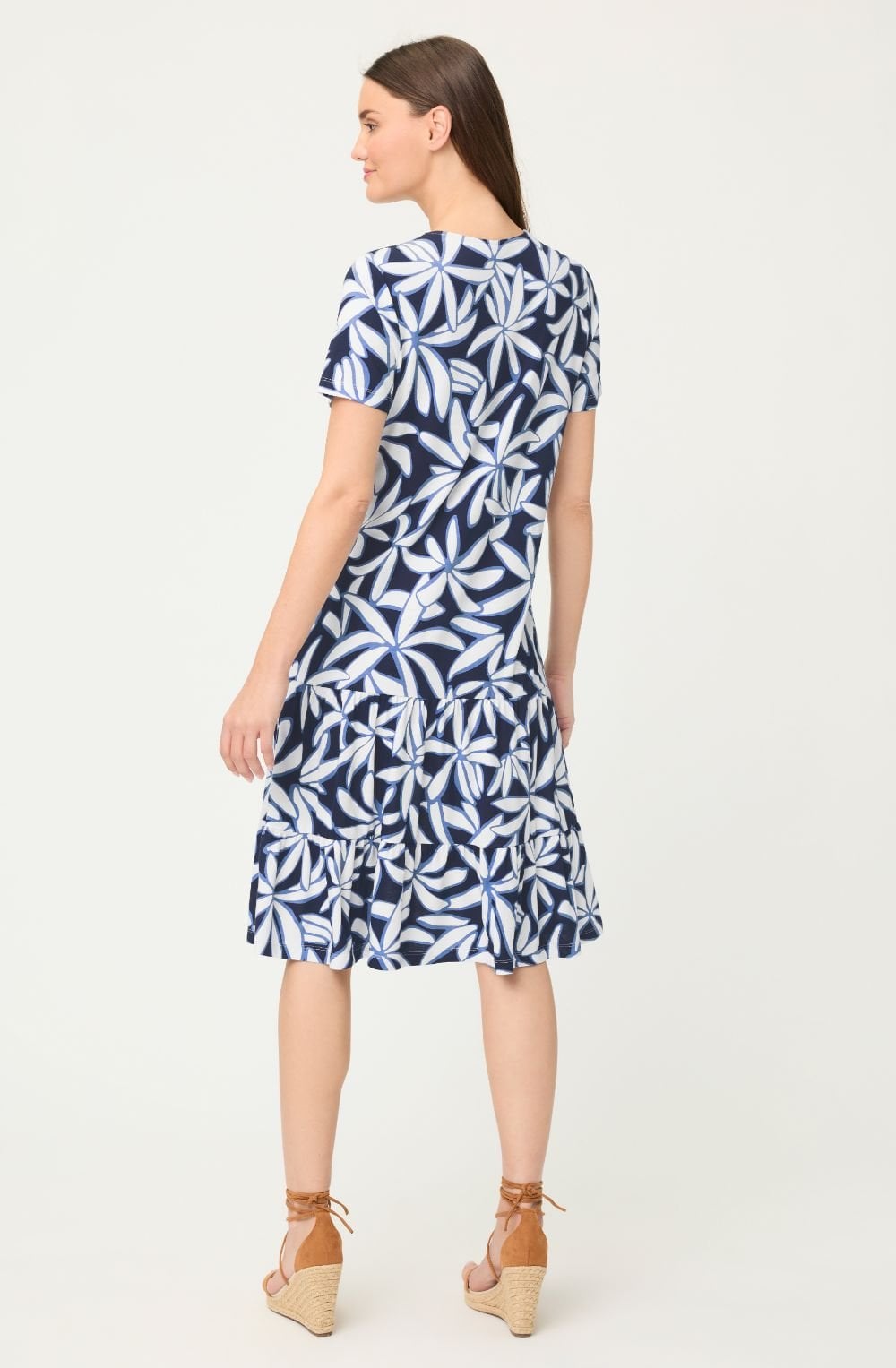 Ink Blue Floral Jersey Knee Length Dress