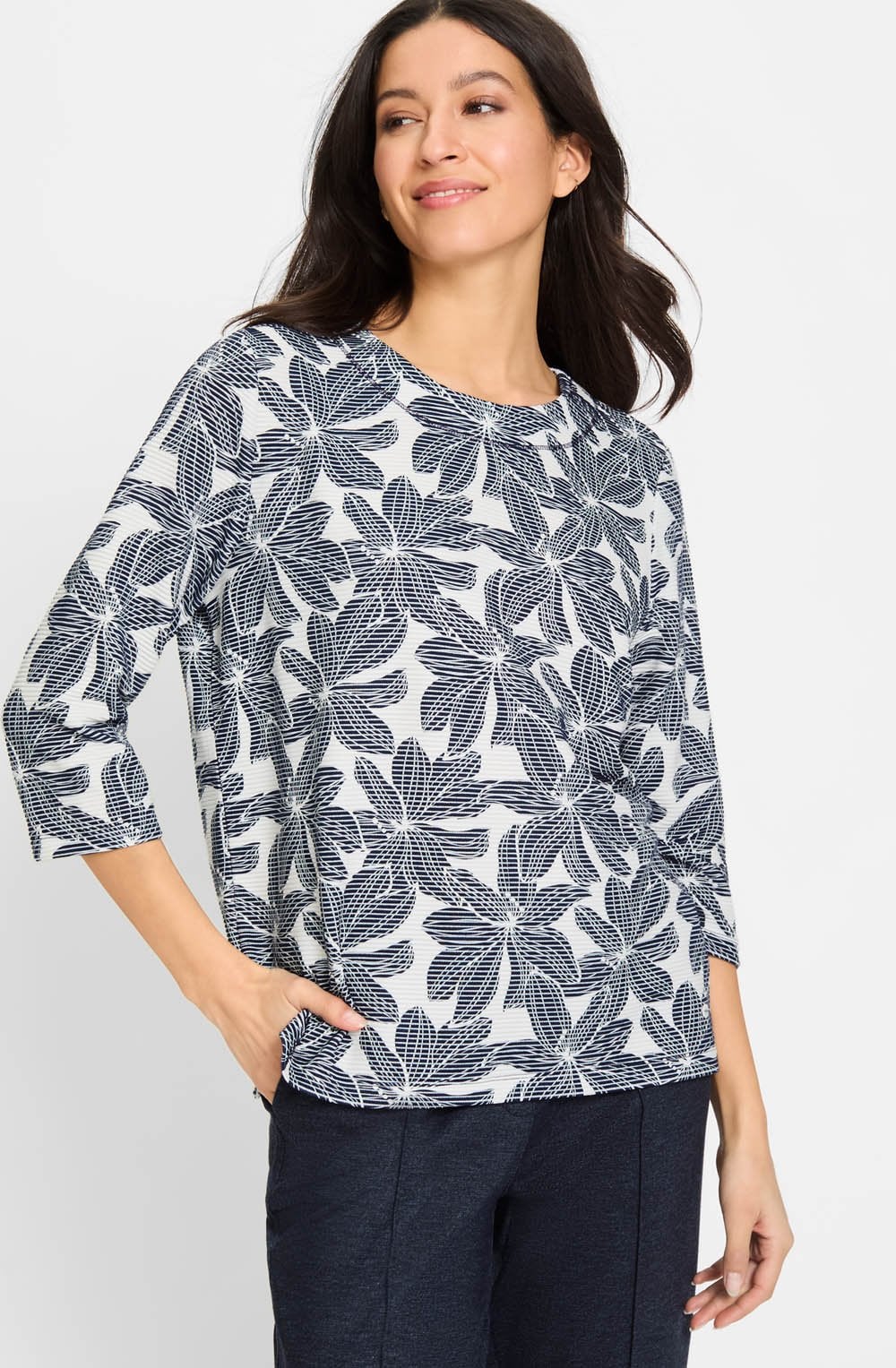 Ink Blue Floral Ribbed Henny Top