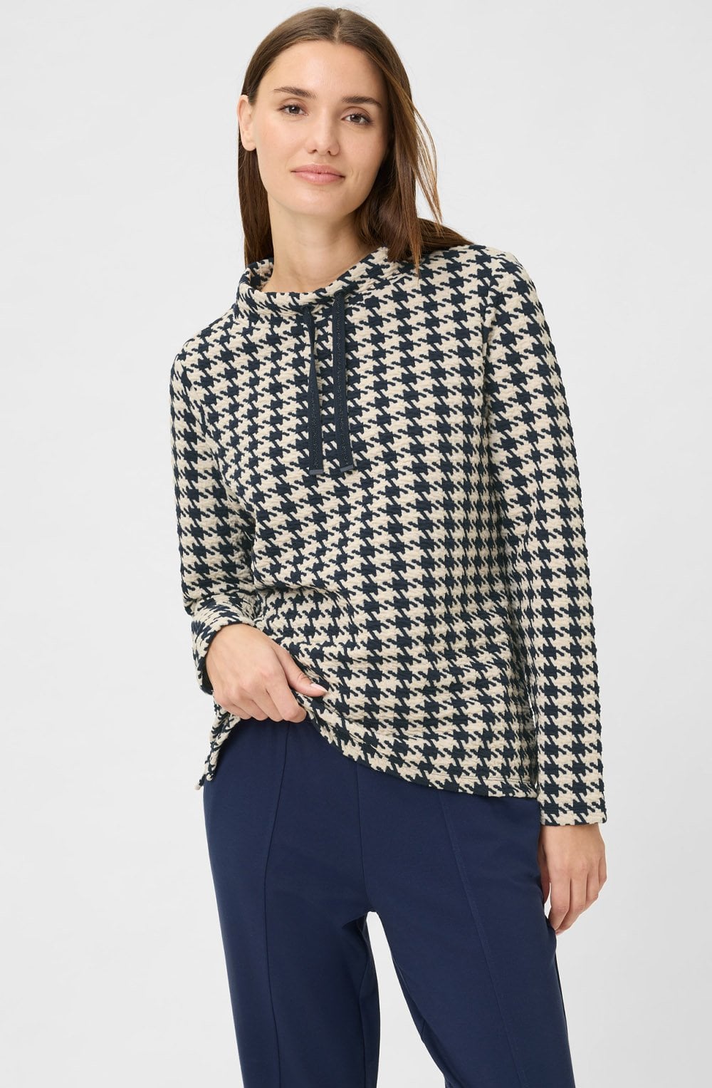 Ink Blue Oversized Houndstooth Funnel Neck Henny Top