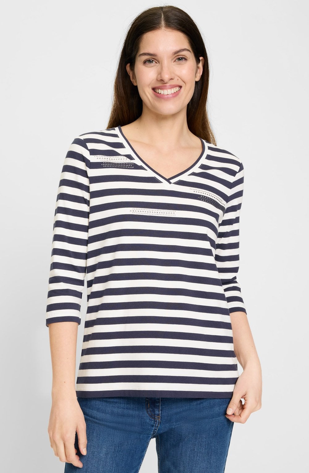 Ink Blue Stripe and Stud V Neck Hannah Top