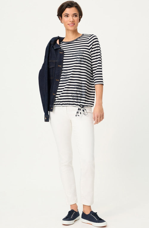 Ink Blue Stripes and Floral Drawstring Hem Clara Top