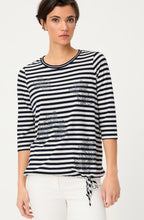 Ink Blue Stripes and Floral Drawstring Hem Clara Top