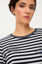 Ink Blue Stripes and Floral Drawstring Hem Clara Top