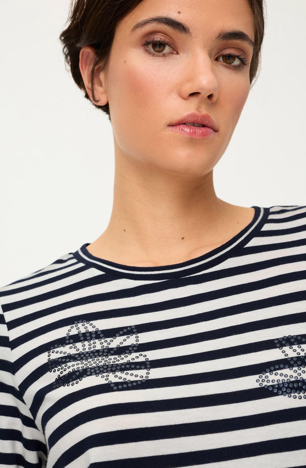 Ink Blue Stripes and Floral Drawstring Hem Clara Top
