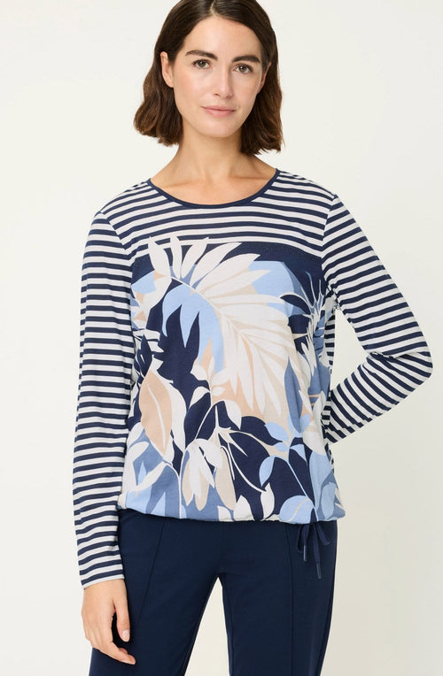 Ink Blue Stripes and Leaf Print Clara Top