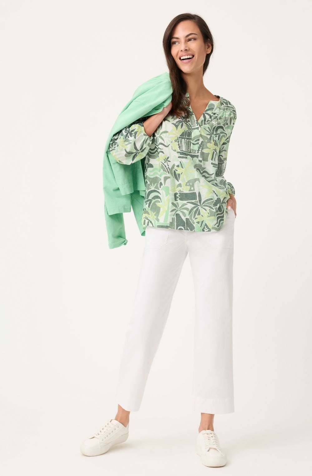 Khaki and Lime Bold Print 3/4 Sleeve Relaxed Blouse