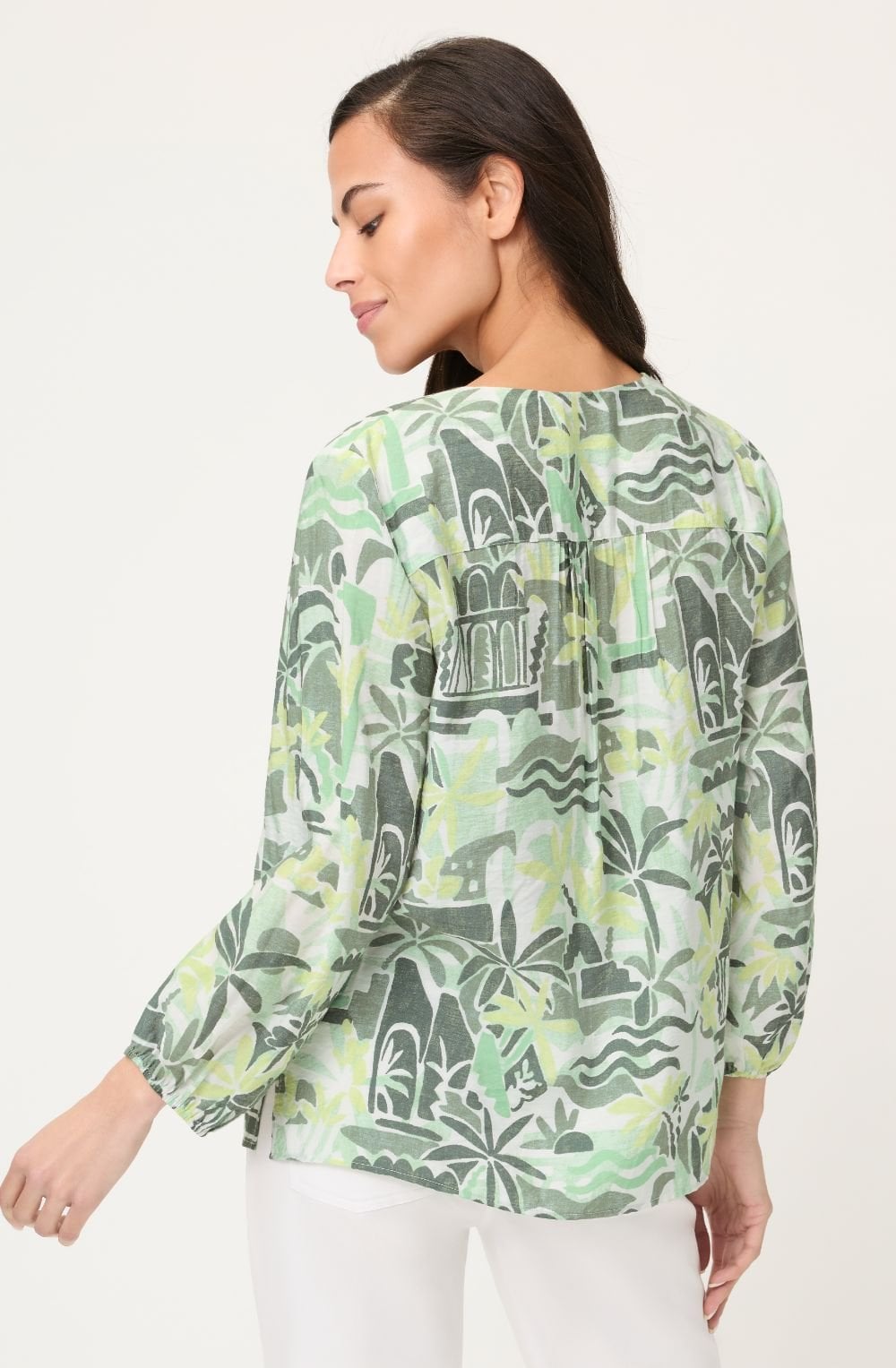 Khaki and Lime Bold Print 3/4 Sleeve Relaxed Blouse
