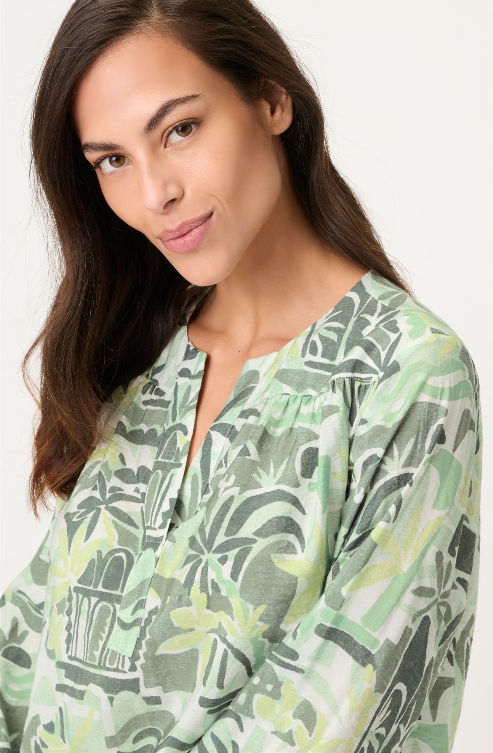 Khaki and Lime Bold Print 3/4 Sleeve Relaxed Blouse