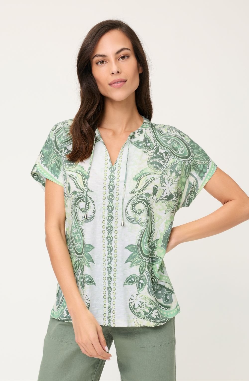 Khaki and Lime Hand Tie Neck Cosima Top