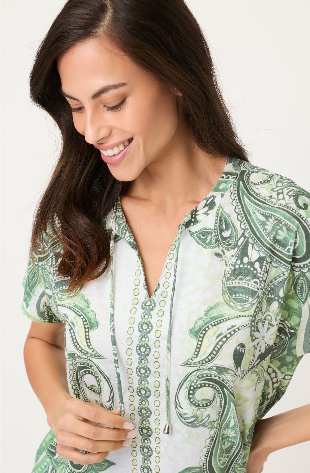Khaki and Lime Hand Tie Neck Cosima Top
