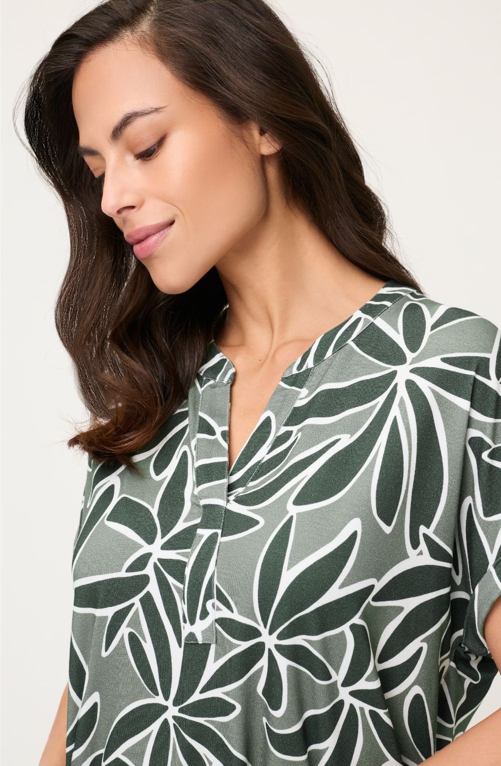 Khaki Floral Print Tunic Neck Cosima Top