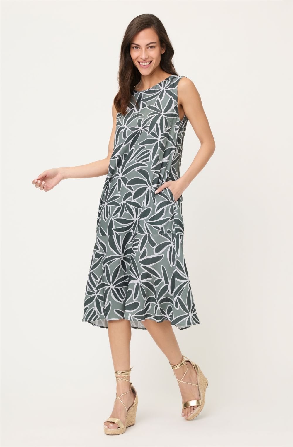 Khaki Leaf Print Sleeveless Dress