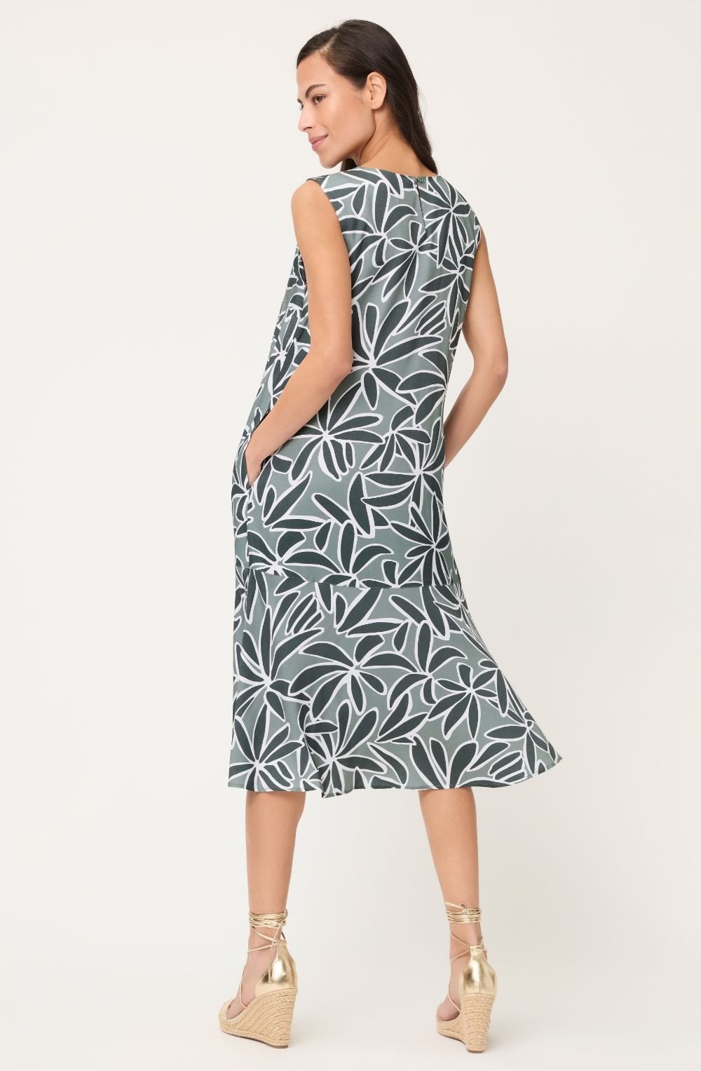 Khaki Leaf Print Sleeveless Dress