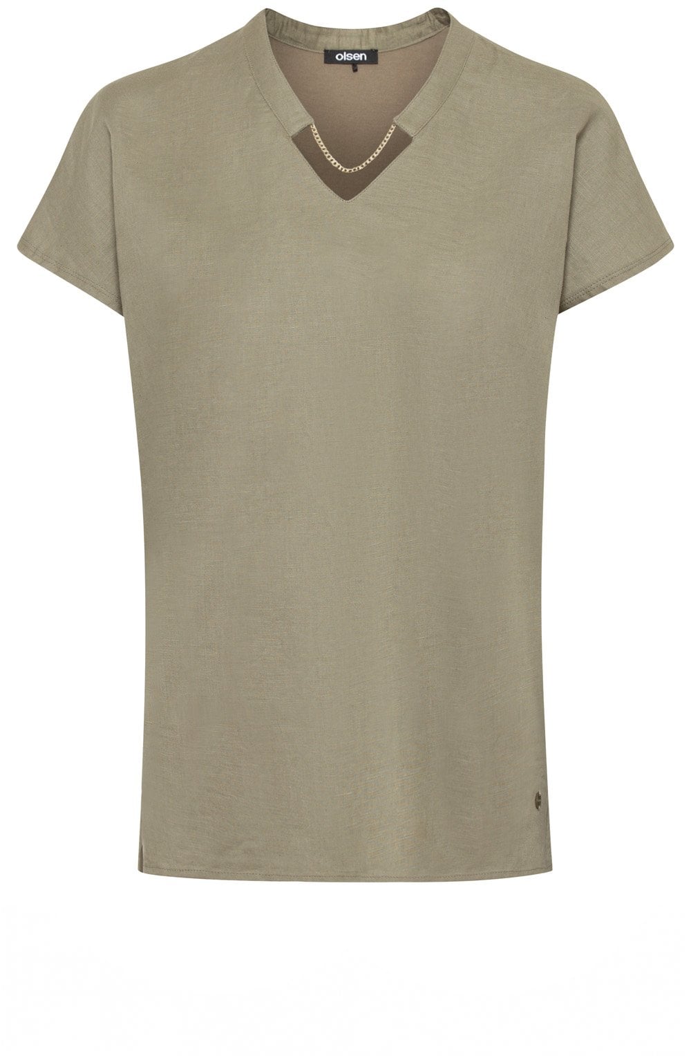 Khaki Linen Mix Top With Chain Detail