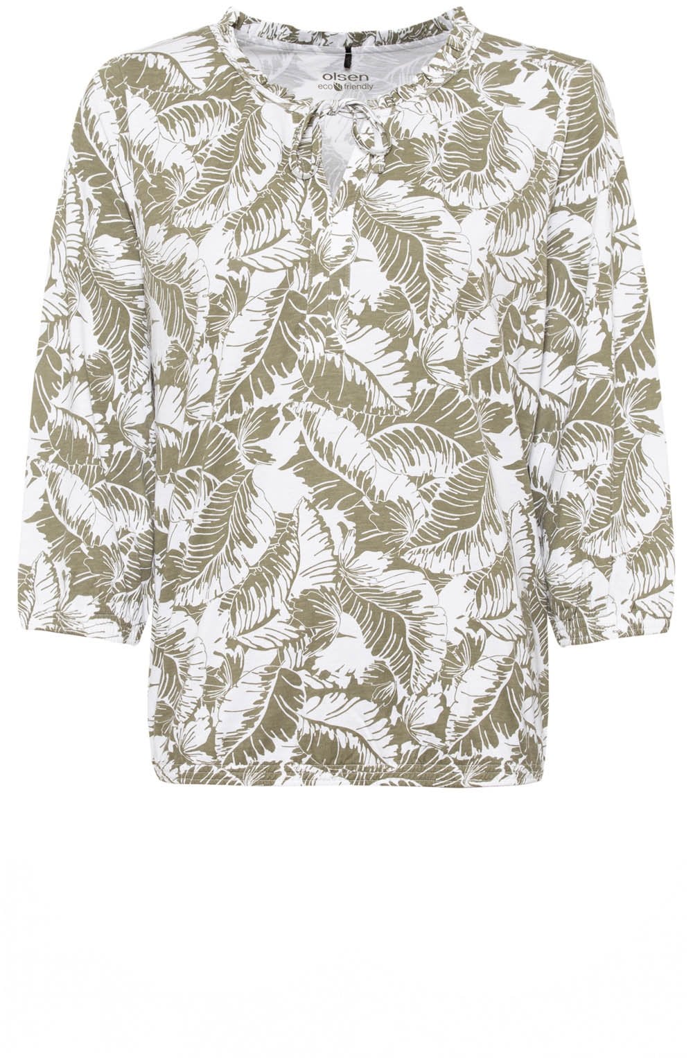 Khaki Palm Leaf Ruffle Neck Top