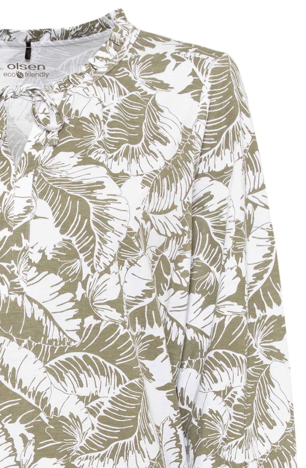 Khaki Palm Leaf Ruffle Neck Top