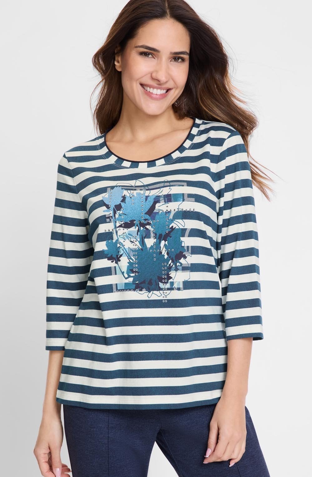 Midnight Teal Floral and Stripe Hannah Top