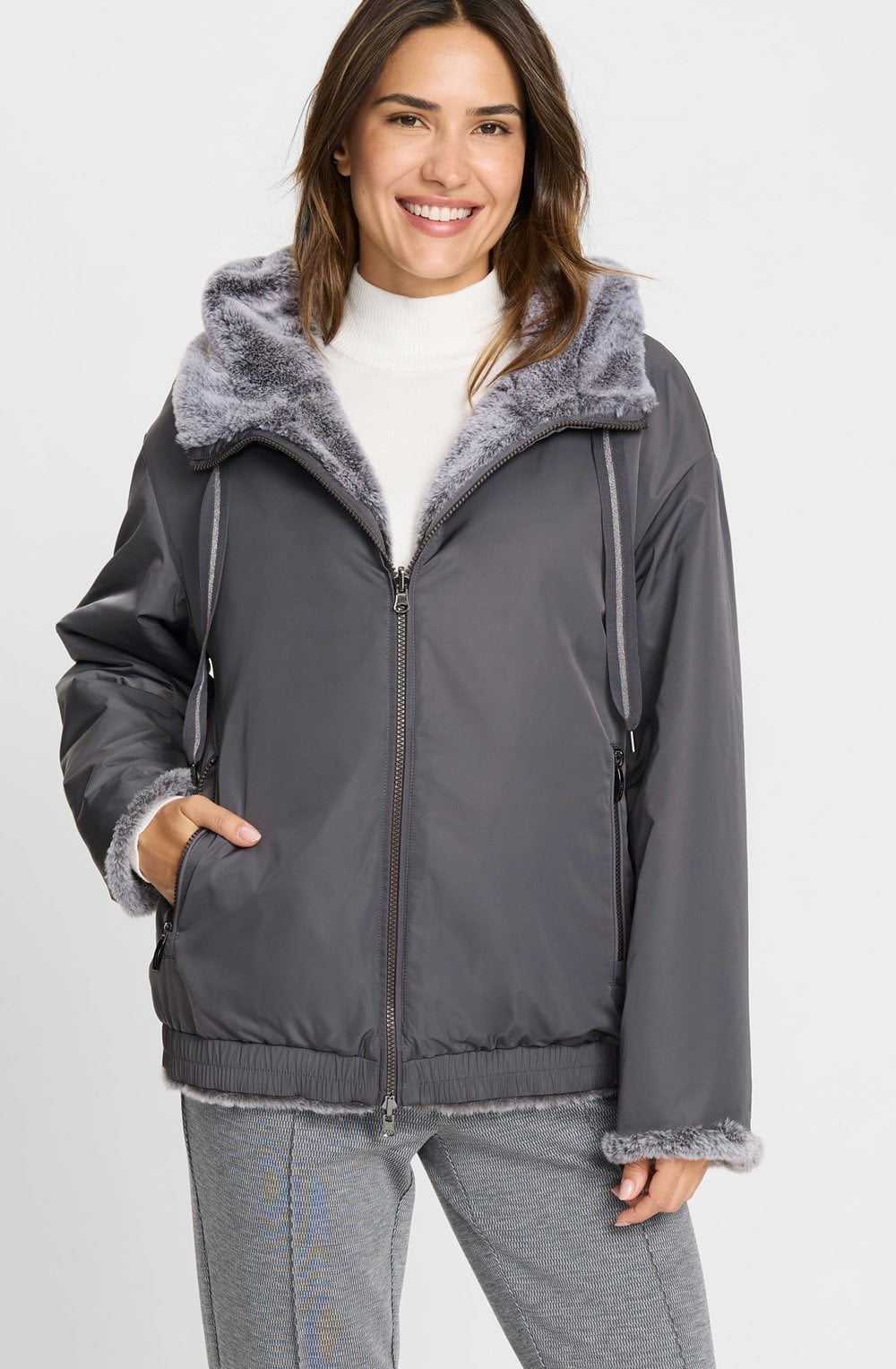 Misty Grey Faux Fur Oversized Reversible Jacket