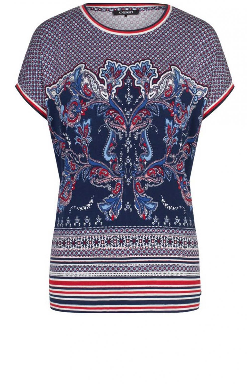 Navy & Red Paisley Print Top