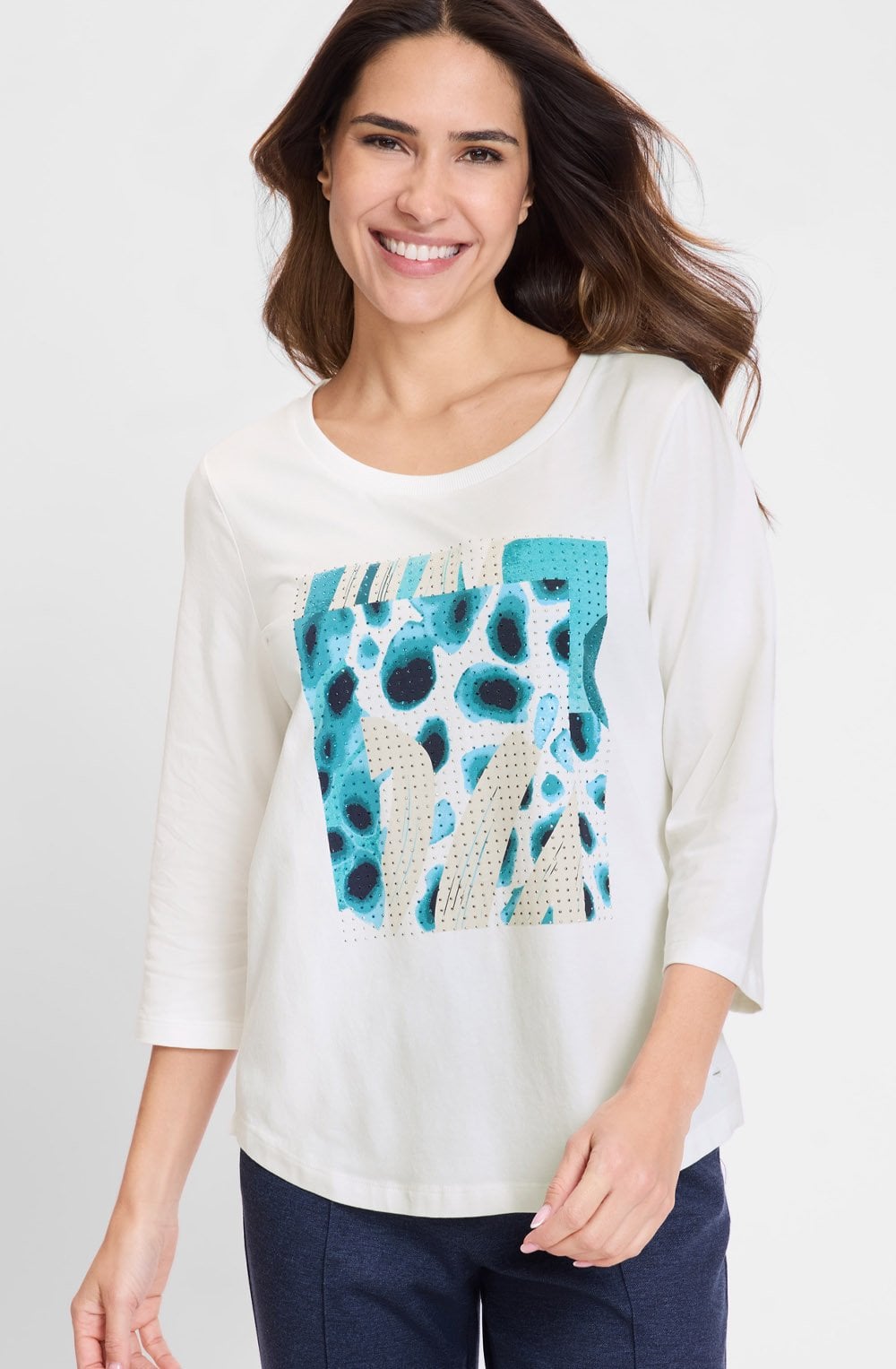 Off White and Light Teal Placement Print Hannah Top