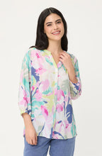 Pool Blue and Pink Vibrant Floral Print 3/4 Sleeve Relaxed Blouse