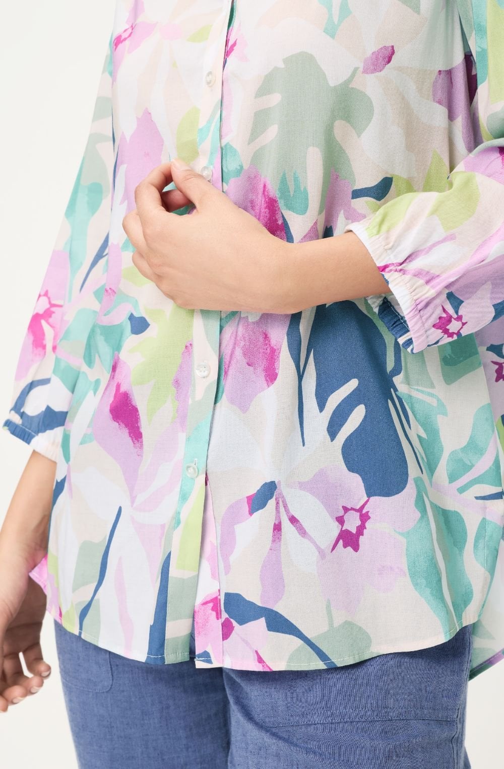 Pool Blue and Pink Vibrant Floral Print 3/4 Sleeve Relaxed Blouse