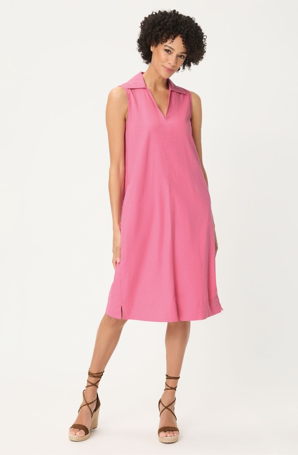 Raspberry Linen Mix Collared Sleeveless Dress