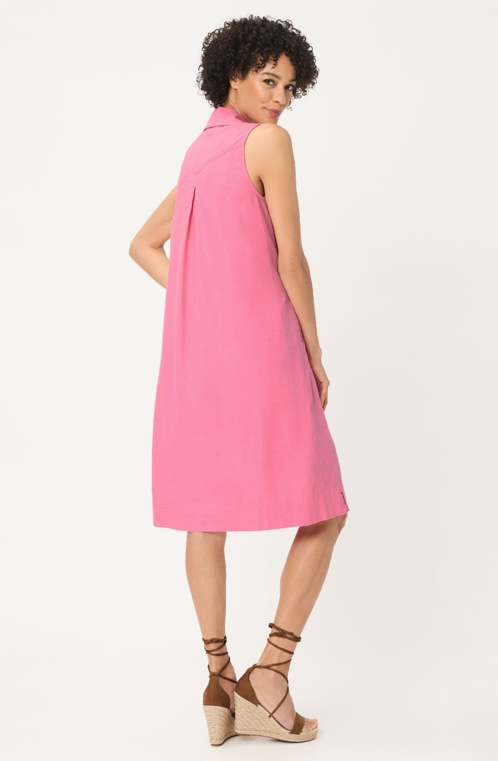 Raspberry Linen Mix Collared Sleeveless Dress