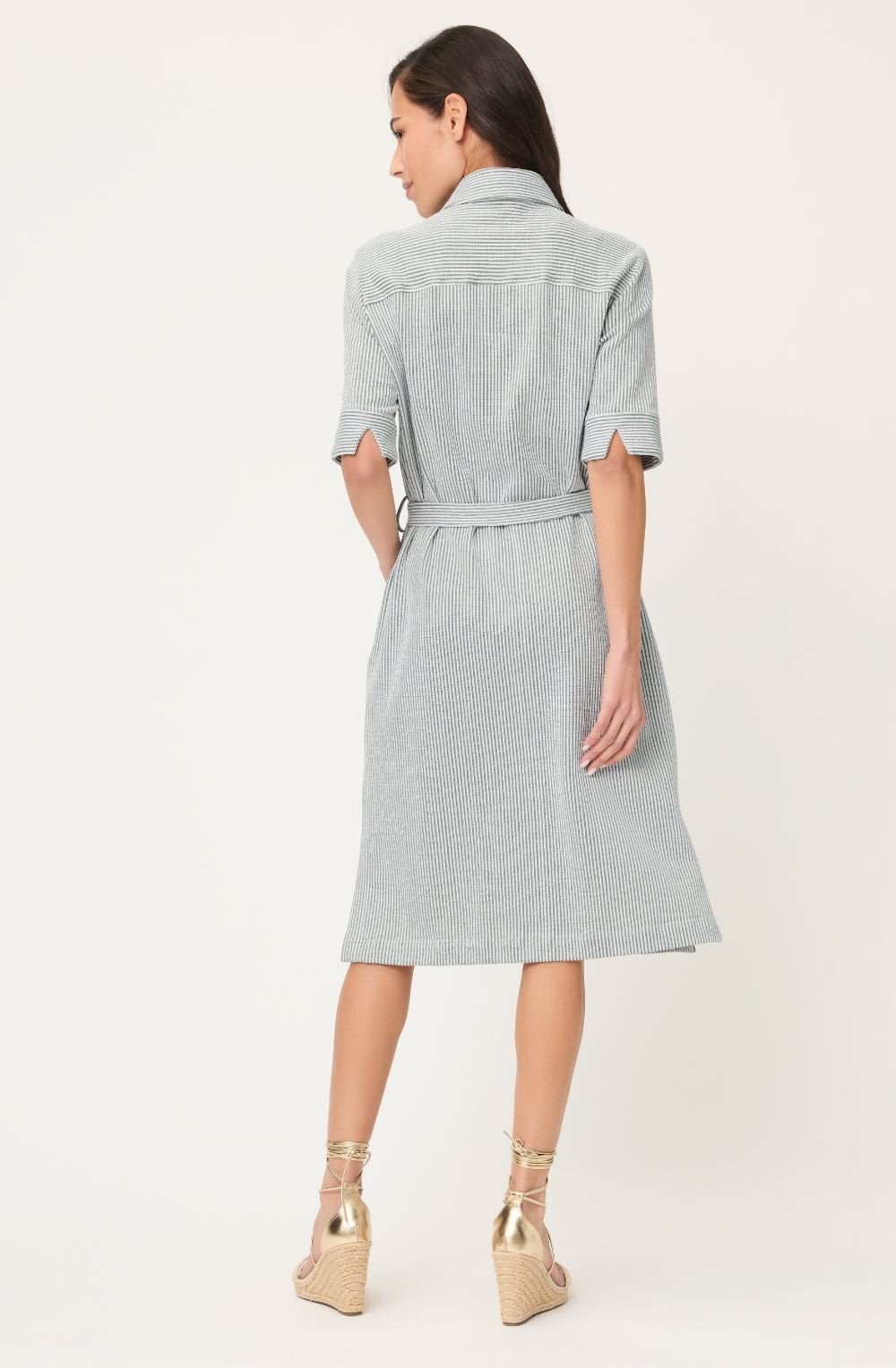 Textured Khaki Striped Shirt Dress