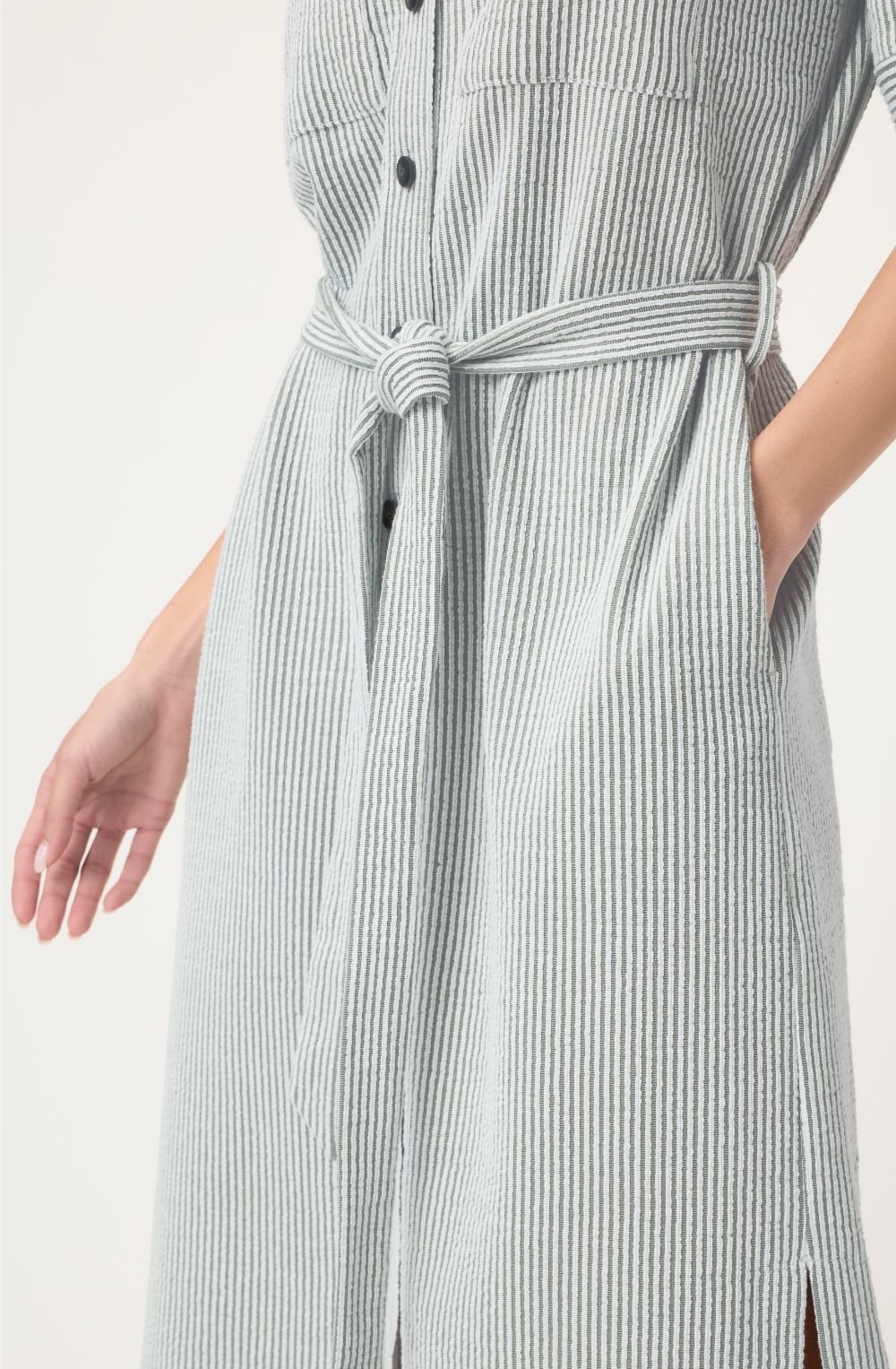 Textured Khaki Striped Shirt Dress